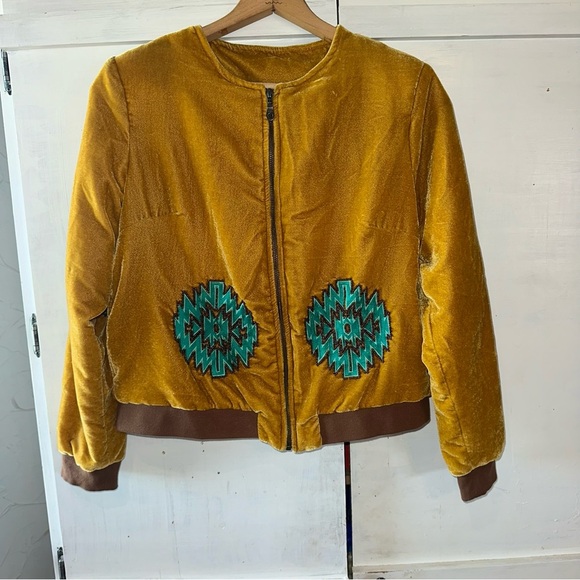 Crazy Train Mustard Velvet Like Bomber Jacket with Bucking Horse & Teal Accents - Picture 3 of 11